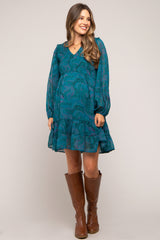 Teal Printed Smocked Long Sleeve Maternity Dress