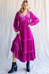 Magenta Velvet Smocked Maternity Midi Dress