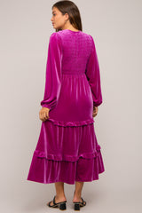 Magenta Velvet Smocked Maternity Midi Dress