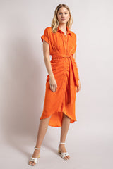 Orange Button Down Pleated Midi Dress