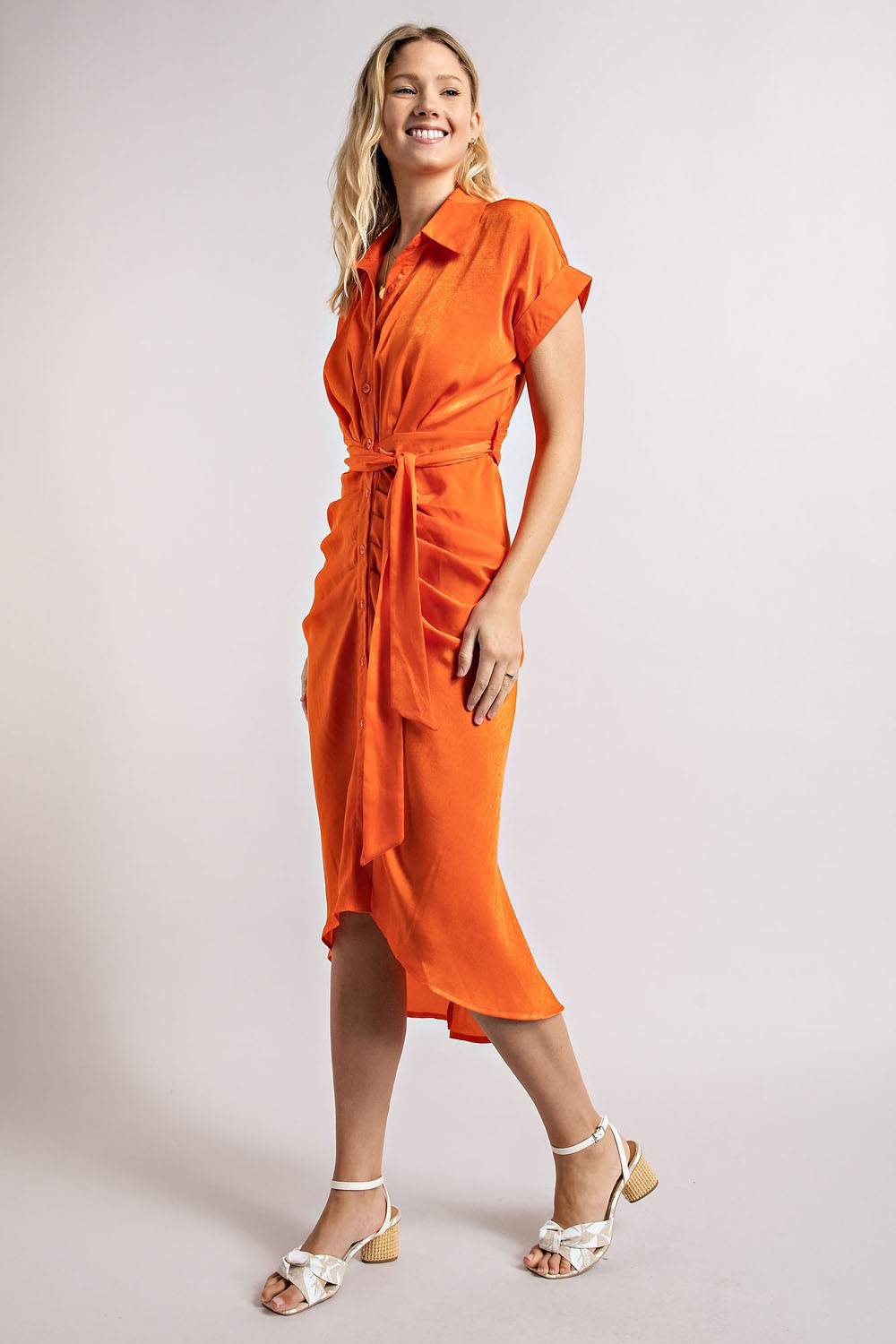 Orange Button Down Pleated Midi Dress