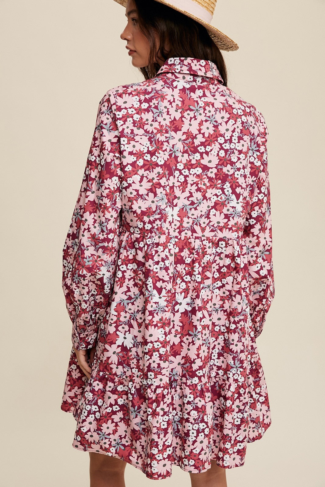 Magenta Floral Print Ruffle Shirt Poplin Dress
