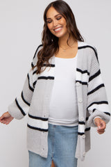 Grey Striped Button Up Maternity Cardigan