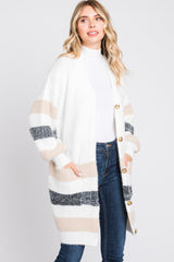 White Striped Eyelash Knit Button Front Cardigan