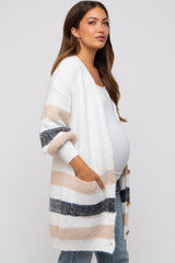 White Striped Eyelash Knit Button Front Maternity Cardigan