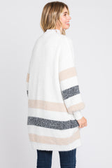 White Striped Eyelash Knit Button Front Cardigan