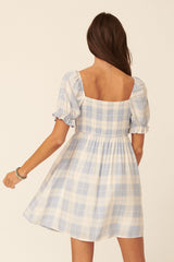 Powder Blue Plaid Sweetheart Ruched Short Sleeve Mini Dress