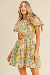 Yellow Green Floral Floral Print Cut Out Mini Dress