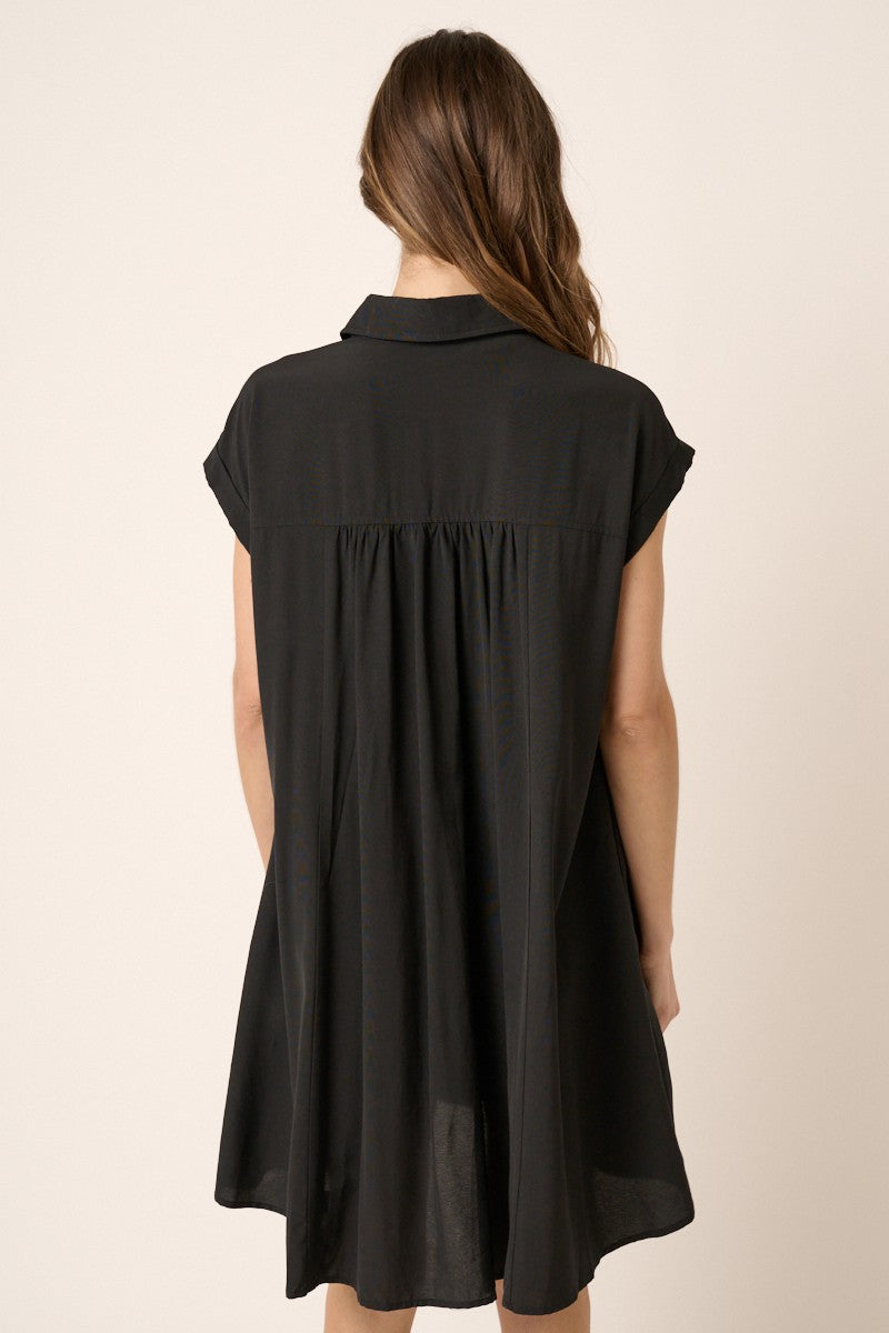 Black Pleat Detail Front Oversize Shirt Mini Dress