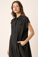 Black Pleat Detail Front Oversize Shirt Mini Dress