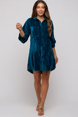 Teal Velour Button Up Maternity Dress