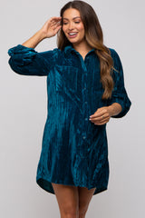 Teal Velour Button Up Maternity Dress