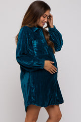 Teal Velour Button Up Maternity Dress