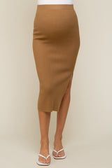 Camel Ribbed Fitted Side Slit Maternity Midi Skirt