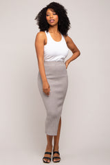 Heather Grey Ribbed Fitted Side Slit Midi Skirt