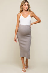 Heather Grey Ribbed Fitted Side Slit Maternity Midi Skirt