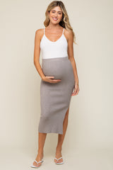 Heather Grey Ribbed Fitted Side Slit Maternity Midi Skirt