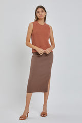 Brown Ribbed Fitted Side Slit Midi Skirt