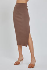 Brown Ribbed Fitted Side Slit Midi Skirt