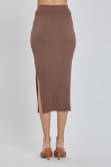 Brown Ribbed Fitted Side Slit Midi Skirt