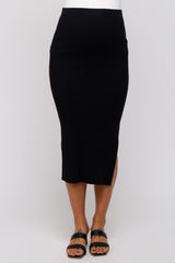 Black Ribbed Fitted Side Slit Maternity Midi Skirt