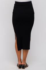 Black Ribbed Fitted Side Slit Maternity Midi Skirt