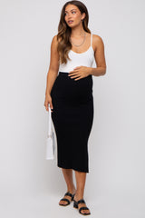 Black Ribbed Fitted Side Slit Maternity Midi Skirt