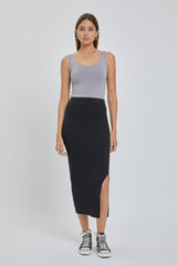 Black Ribbed Fitted Side Slit Maternity Midi Skirt