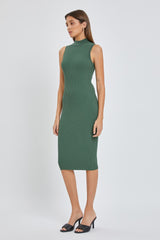 Green Ribbed Fitted Mock Neck Dress