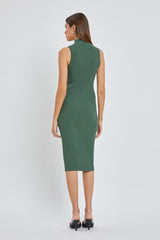 Green Ribbed Fitted Mock Neck Dress