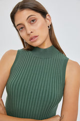 Green Ribbed Fitted Mock Neck Dress