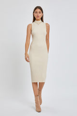 Beige Ribbed Fitted Mock Neck Dress