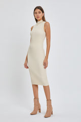 Beige Ribbed Fitted Mock Neck Dress