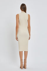 Beige Ribbed Fitted Mock Neck Dress