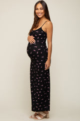 Black Floral Ribbed Maternity Maxi Dress