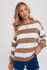 Mocha Fuzzy Soft Striped Maternity Sweater