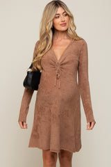 Mocha Fuzzy Knit Ruched V-Neck Long Sleeve Maternity Dress