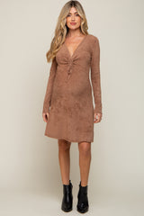 Mocha Fuzzy Knit Ruched V-Neck Long Sleeve Maternity Dress