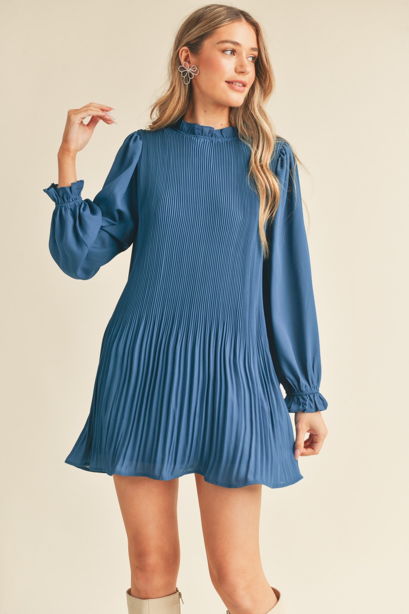 Blue Pleated High Neck Mini Dress