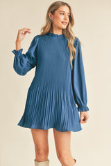 Blue Pleated High Neck Mini Dress