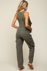 Olive Cargo Pocket Maternity Denim Overalls