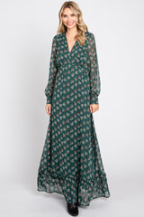 Forest Green Leaf Print Balloon Sleeve Maternity Maxi Dress