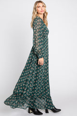 Forest Green Leaf Print Balloon Sleeve Maxi Dress