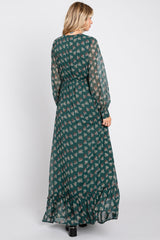 Forest Green Leaf Print Balloon Sleeve Maxi Dress