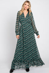 Forest Green Leaf Print Balloon Sleeve Maxi Dress