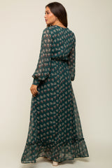 Forest Green Leaf Print Balloon Sleeve Maternity Maxi Dress