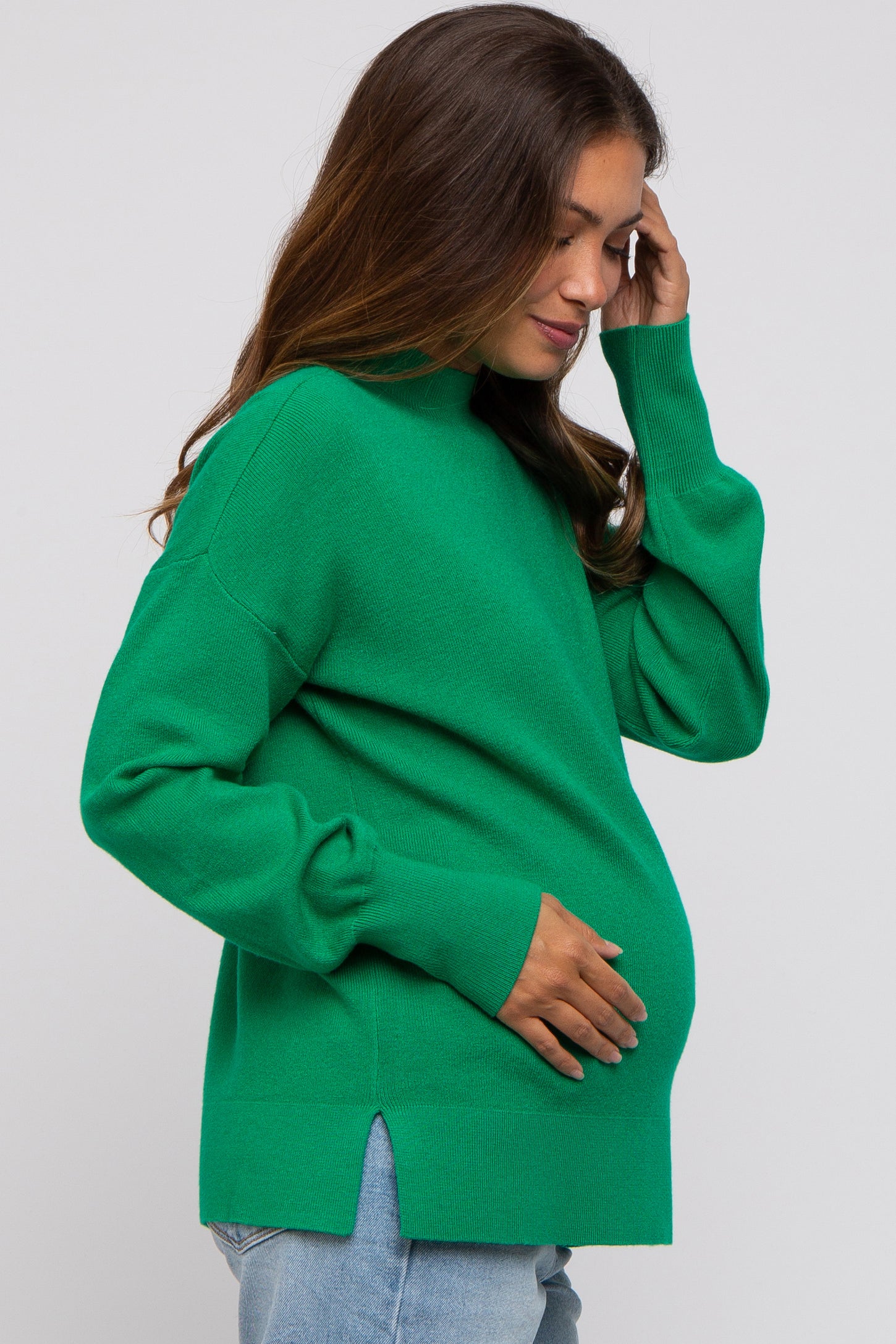 Green Knit Mock Neck Maternity Long Sleeve Top