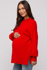 Red Knit Mock Neck Maternity Long Sleeve Top