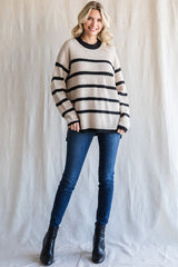 Beige Striped Knit Lightweight Sweater