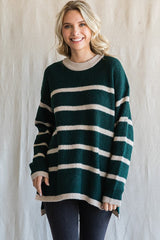 Hunter Green Striped Knit Lightweight Sweater